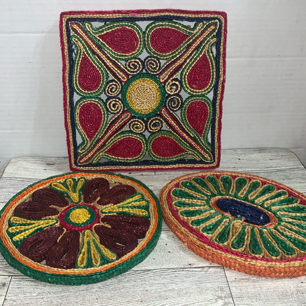 Set of 3 Vintage Woven Trivets .. Hippie Style